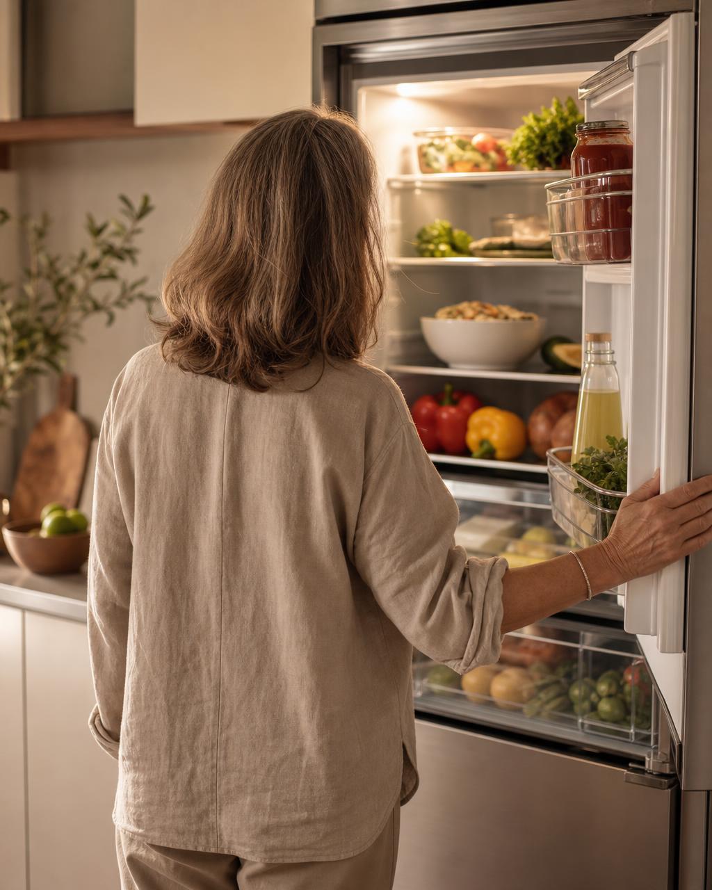 Persona de espaldas mirando una heladera abierta en una cocina cálida